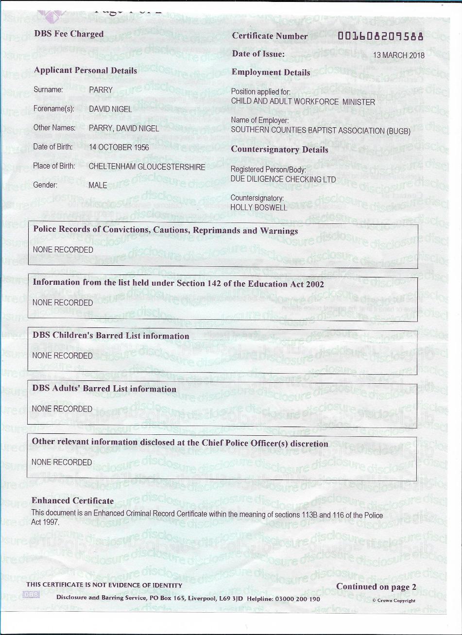 DBS Certificate for Dave Parry